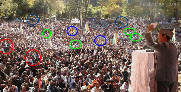 This picture was released by the Jammu and Kashmir Department of Information shows Chief Minister Ghulam Nabi Azad addressing a big public rally in Verinag area of south Kashmir. The cloning skills gone into the picture are discernible to naked eye.