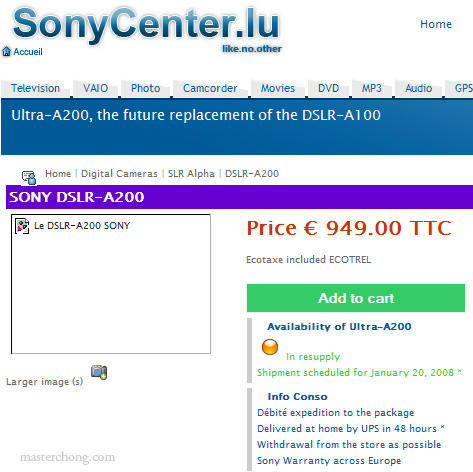 Sony A200 on Sony France Website