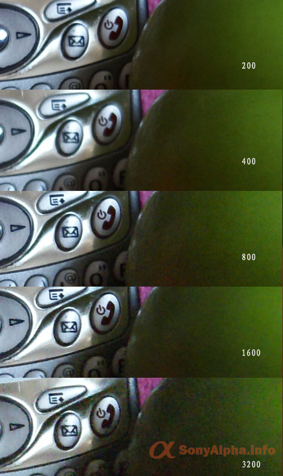Sony Alpha DSLR-A200 100% cropped photo (ISO200, 400, 800, 1600, 3200)